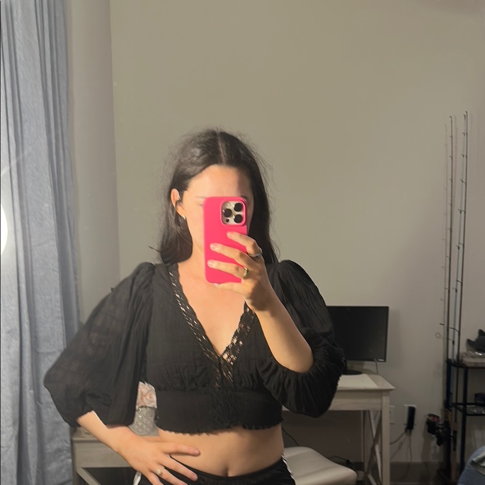 Cotton Candy Black Embellished Crop Blouse